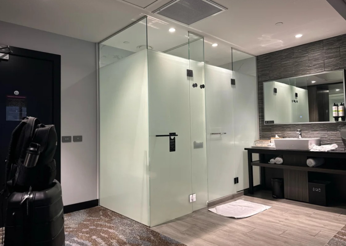 a bathroom in a hotel room