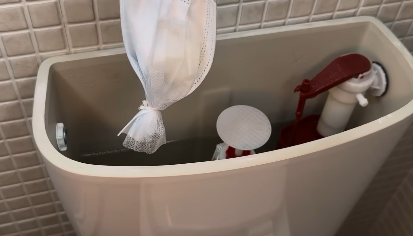 Inside the tank, there's a mesh or cloth bag hanging into the water, likely containing a cleaning agent or deodorizer.